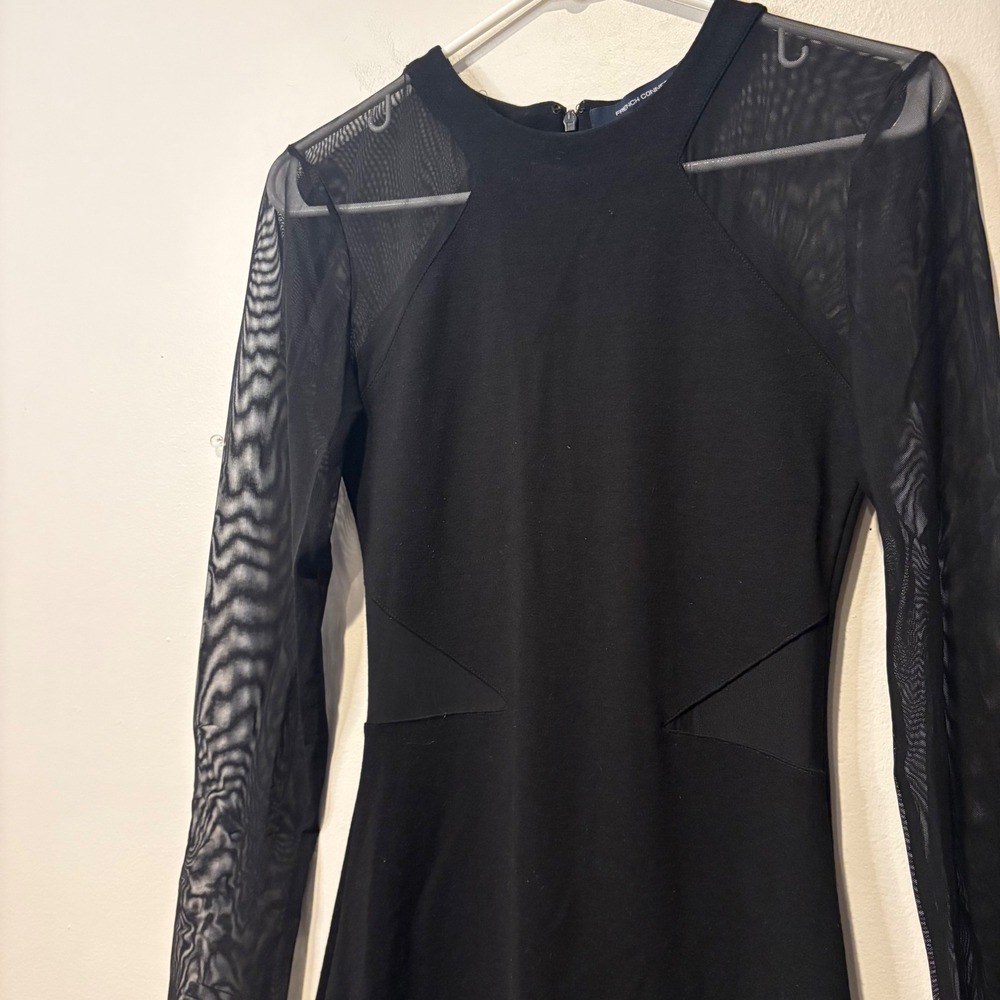 French Connection‎ Black Sheer Mesh Long Sleeve Bodycon Cocktail Party Dress - Picture 6 of 11